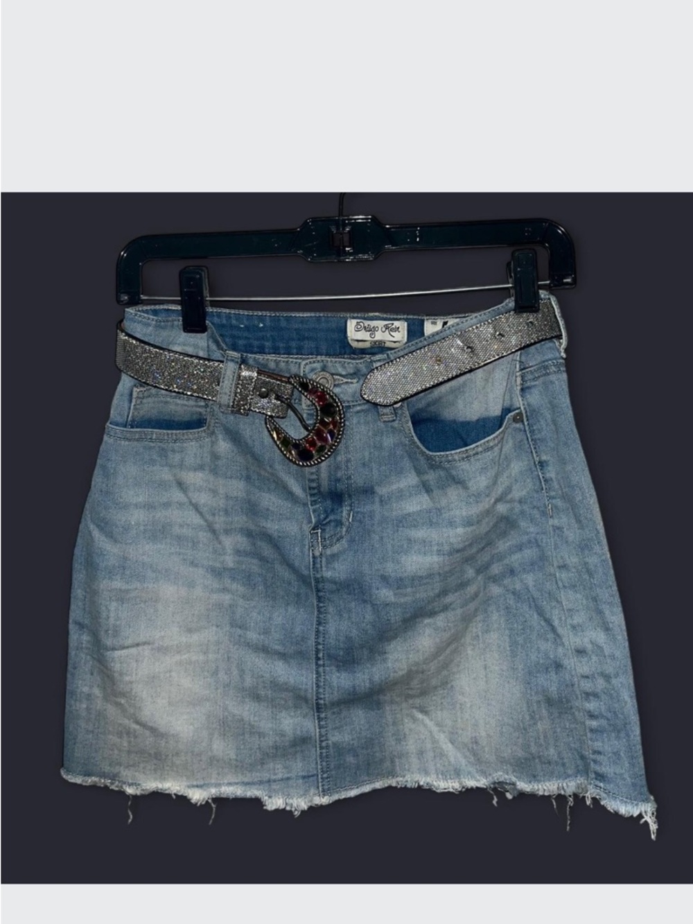 Indigo Rein Multicolor Jeweled Buckle Silver Belt on Light Blue Denim